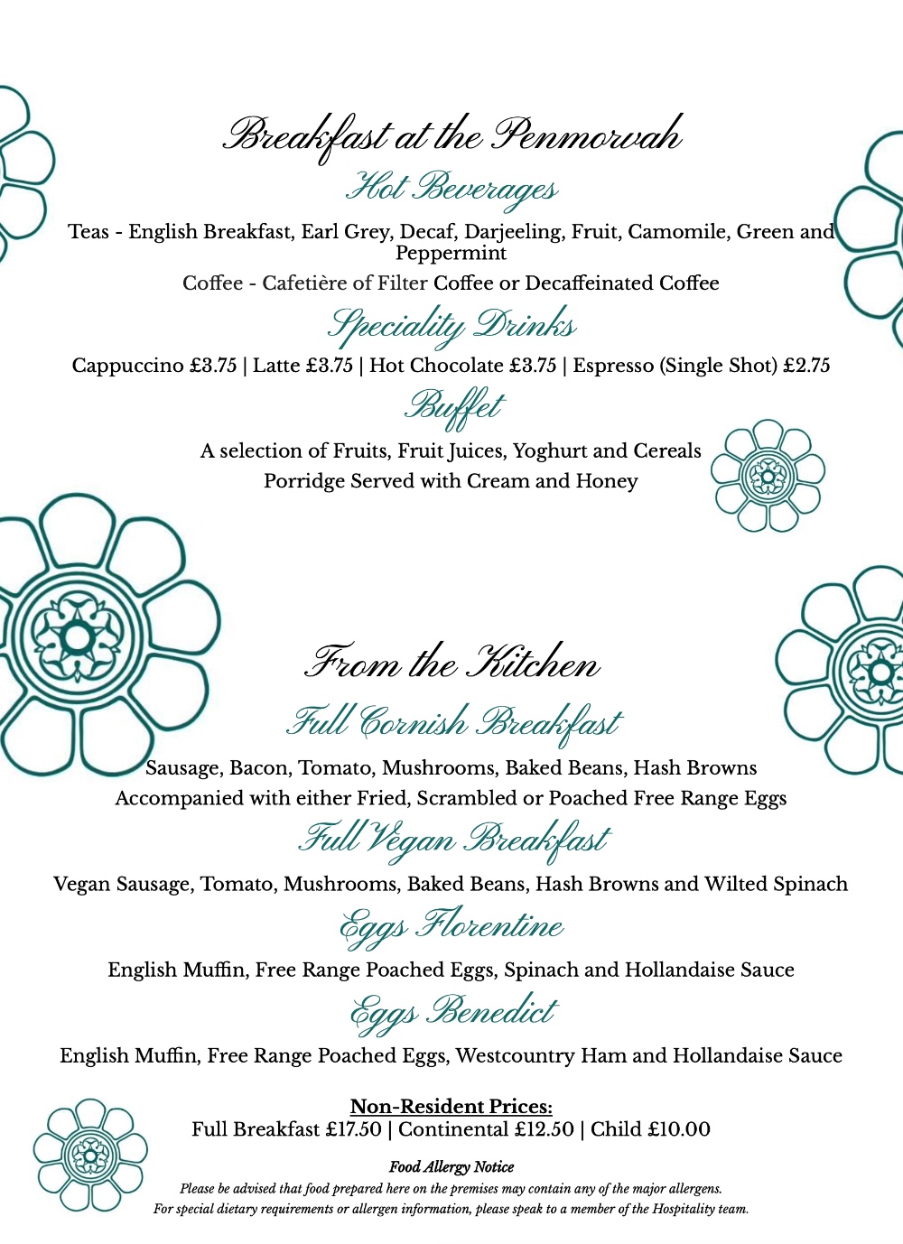Penmorvah breakfast menu